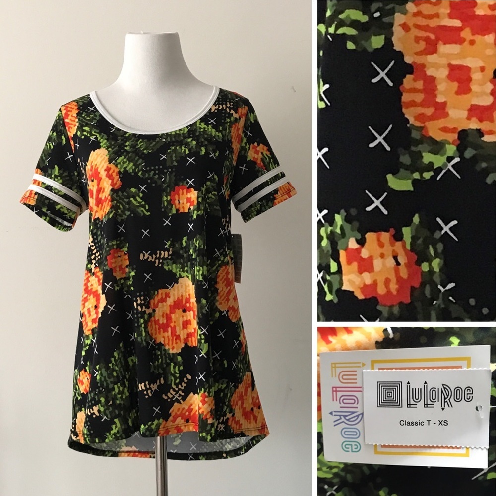 LuLaRoe Classic T tee size XS black orange flower stripe sleeves floral NWT NEW